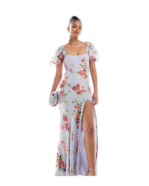 Vestido Largo Azul Con Mangas Fluidas, Estampado Floral Devoré E Inserto De Encaje De Asos Design Tall ASOS de color White
