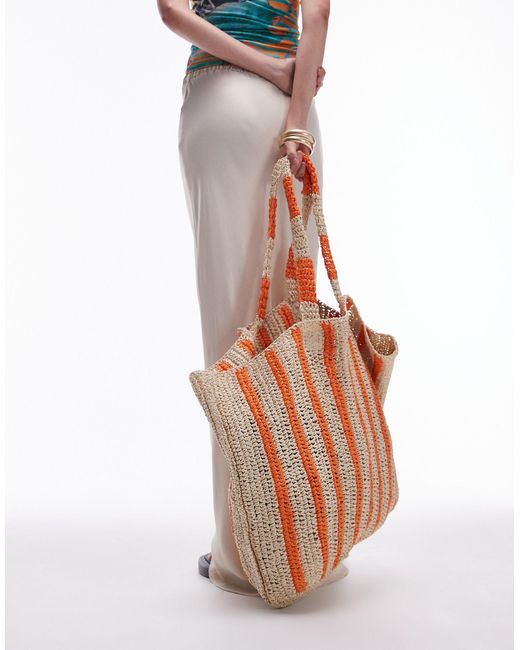 Tana - tote bag oversize en paille tressée - orange à rayures TOPSHOP en coloris White
