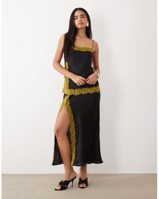 asos black and gold dress Bias Cut Double Layer Lace Appliqué Satin Maxi in bandeau dress mini