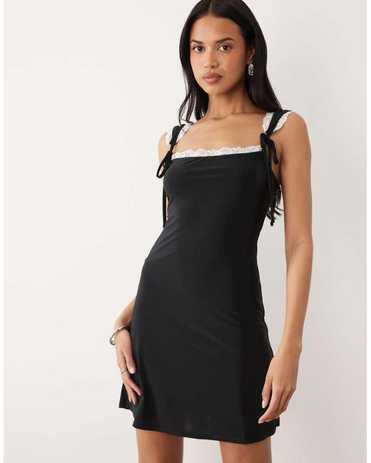 ASOS Natural Slinky Mini Dress With Ties And Contrast Lace
