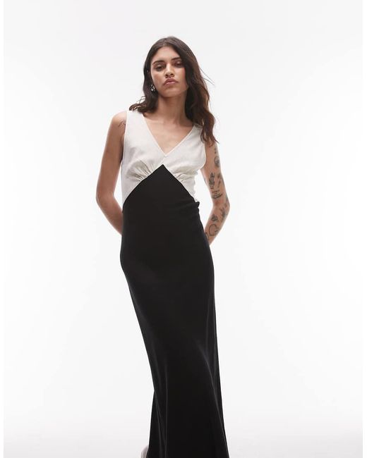 TOPSHOP White Deep V Contrast Linen Midi Dress