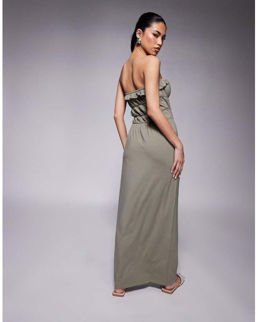 Vestido Largo Caqui Con Escote Palabra De Honor, Cintura Escalonada Y Volante De -Blanco ASOS de color Gray