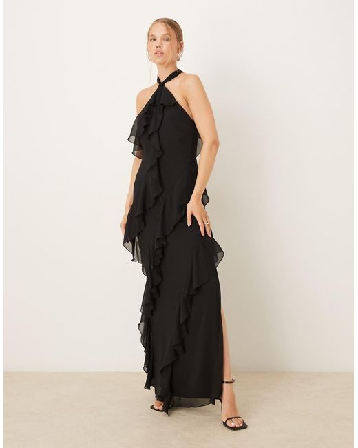Pretty Lavish Natural Halter Neck Ruffle Maxi Dress