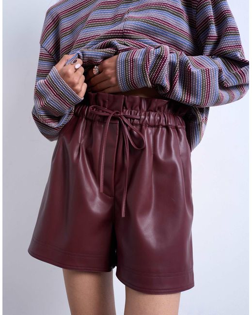 TOPSHOP Purple Faux Leather Paperbag Shorts