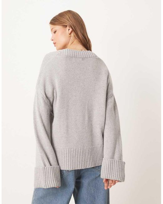 Gina Tricot Natural V Neck Knitted Sweater With Wide Sleeves