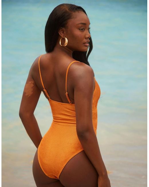 South Beach Orange Crinkle Cut Out Swimsuit With Gold Hardware Detail