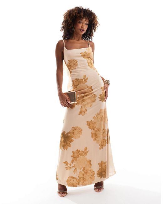 Robe longue a encolure carree et ourlet plongeant avec volants au dos imprime fleurs vintage ASOS en coloris Neutre Lyst