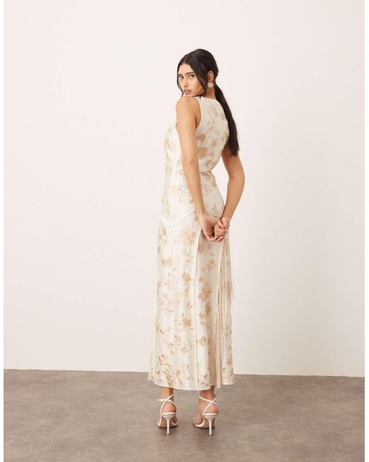 ARRANGE Natural Embroidered Satin Drape Midi Dress With Fringe