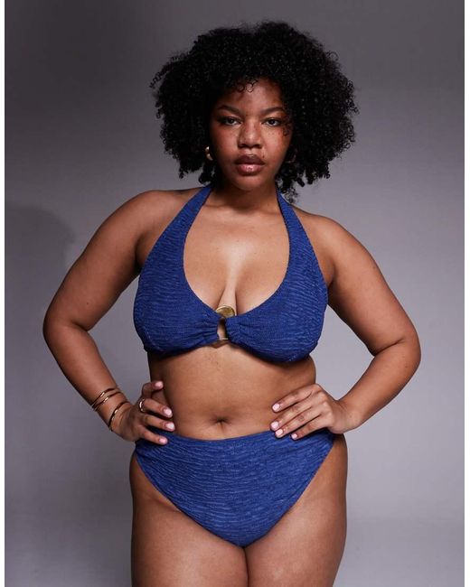 ASOS Blue Asos Design Curve Oceana Halter Neck Bikini Top With Molten Hardware