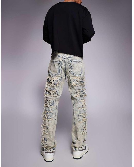 Liquor N Poker Blue Relaxed Stacked Rip Repair Denim Jeans for men
