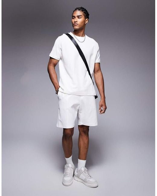 Bershka White Textured Waffle Short Co-ord for men