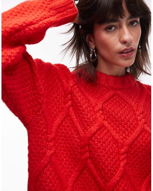 TOPSHOP Red Knitted Chunky Twist Cable Crew Neck Oversized Jumper