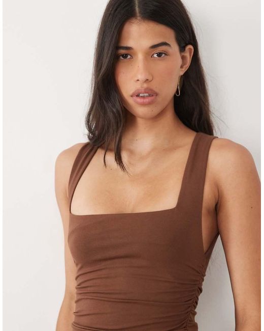 Oh Polly Brown Modal Square Neck Ruched Bodycon Mini Dress