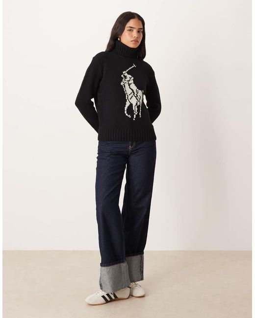 Polo Ralph Lauren Black Wool Blend Icon Logo Roll Neck Knitted Jumper
