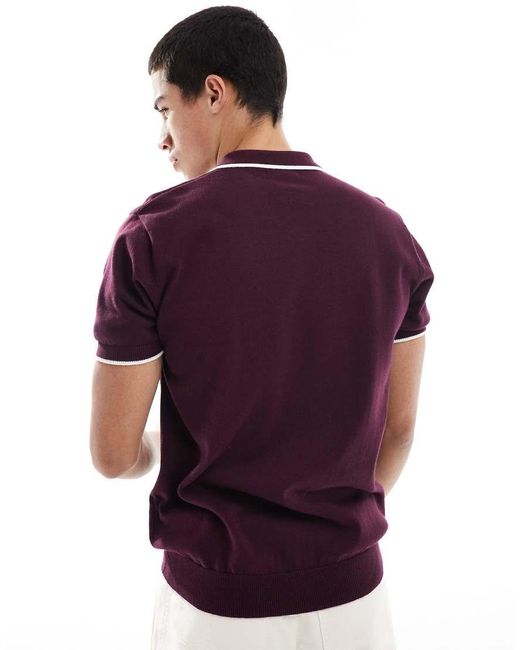 Brave Soul Gebreid Poloshirt Met Contrasterende Biezen in het Purple voor heren