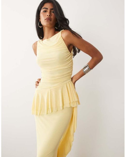 ASOS Natural Mesh Sleeveless Maxi Dress With Ruching And Frill Details