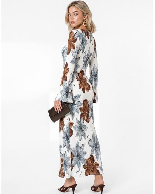 Lovedrobe White Floral Print Trumpet Sleeve Plisse Column Midaxi Dress