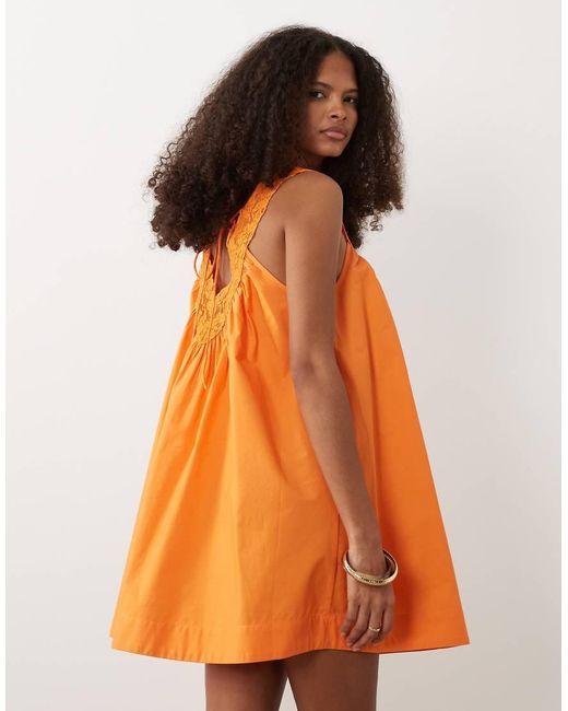 ASOS Orange V Neck Smock Poplin Mini Sundress With Lace Overlay