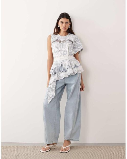 ARRANGE White Cut Work Floral One Shoulder Top