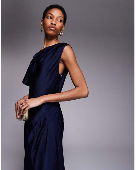 ASOS Blue Asos Design Tall Satin Asymmetric Neckline Maxi Dress With Pleat Shoulder And Skirt Detail