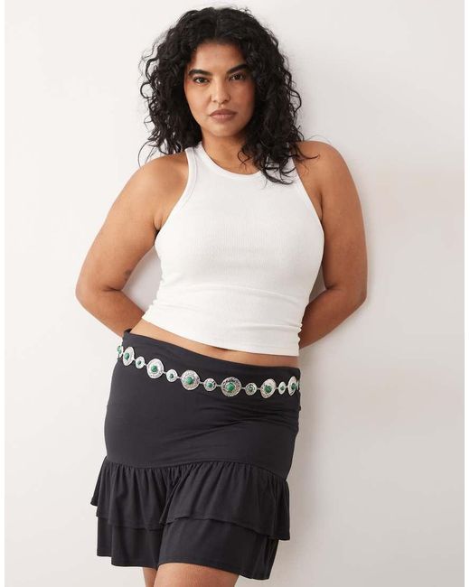 ASOS Natural Asos Design Curve Waist And Hip Green Stone Set Chain Belt