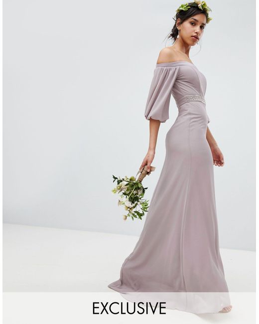 TFNC London Gray Bardot Maxi Bridesmaid Dress With Sleeve Drama And Embellished Waist