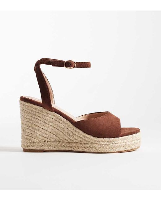 SEQWL Wide Fit Brown Espadrille Wedges