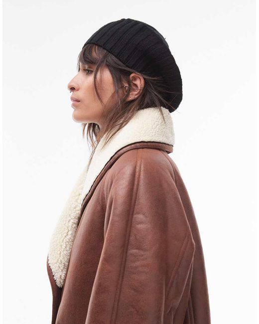 TOPSHOP Brown Faux Leather Shearling Super Oversized Car Coat