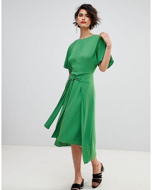Warehouse green satin twist knot sales midi dress