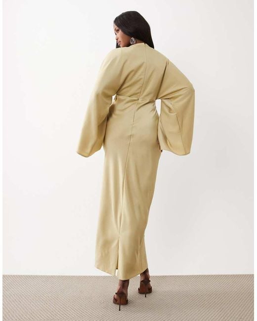 ASOS Natural Draped Long Sleeve Cross Front High Neck Satin Maxi Dress