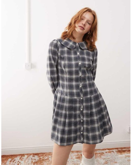 Reclaimed (vintage) Gray Drop Waist Pleated Mini Dress With Collar