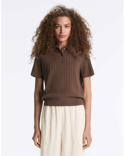 Oysho Brown Pointelle Knit Polo Shirt
