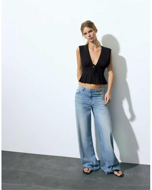 Pull&Bear Black Crepe Top With Ties