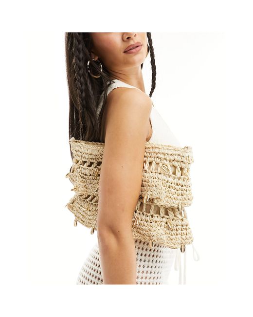 South Beach Natural Ruffle Clutch With Gold Shell Embellishment