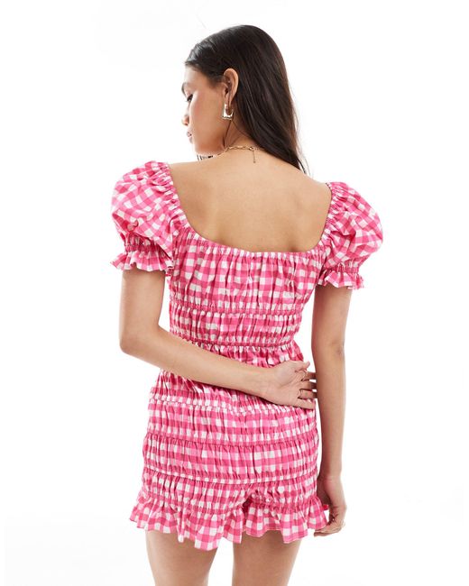 ASOS Pink Elasticated Channel Lace Trim Bow Playsuit