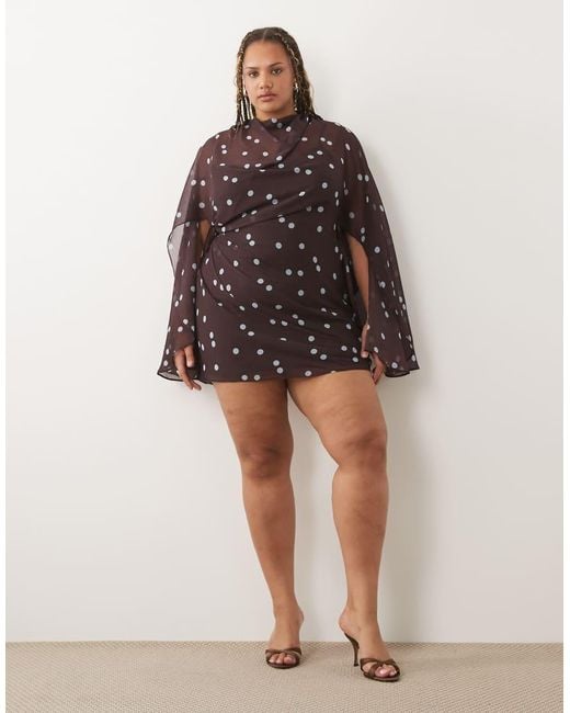 ASOS Brown Asos Design Curve High Neck Drape Front Extreme Cape Sleeve Mini Dress