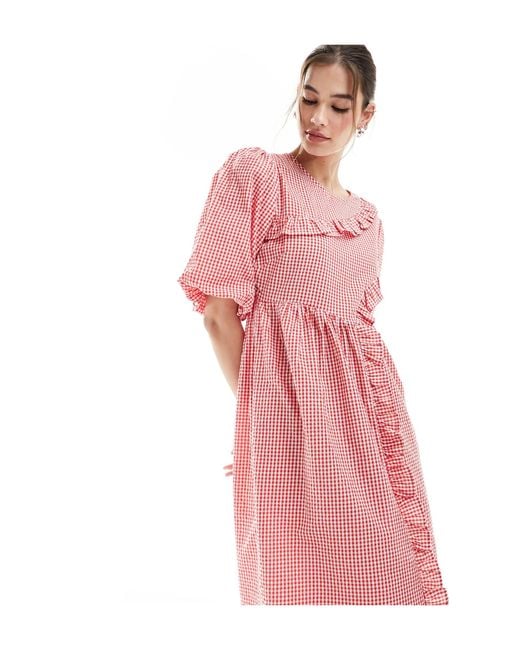 Native Youth Pink Ruffle Detail Gingham Midaxi Dress