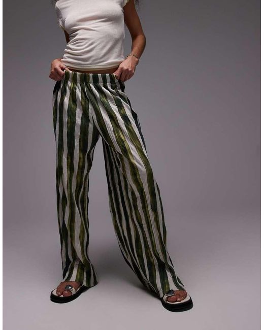 TOPSHOP Gray Stripe Crinkle Wide Leg Trousers