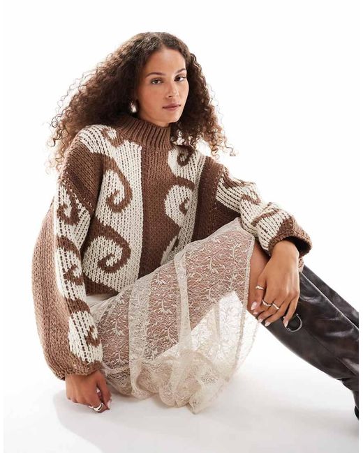 Vrg Grl Brown Arizona Wave Intarsia Cropped Knit Jumper