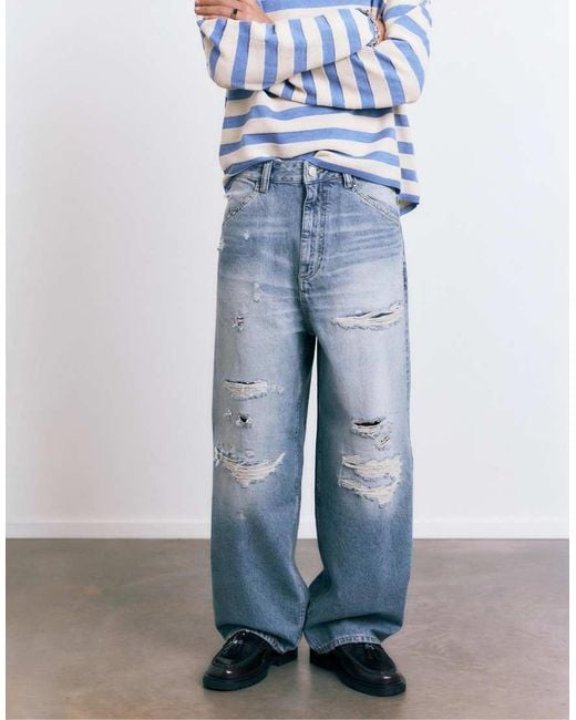 Pull&Bear Blue Super baggy Ripped Jeans for men