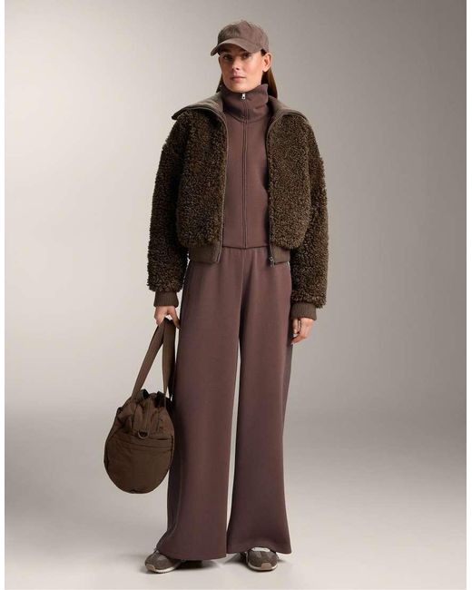 Oysho Brown Wide-Leg Rib Straight Trousers With Brushed Modal