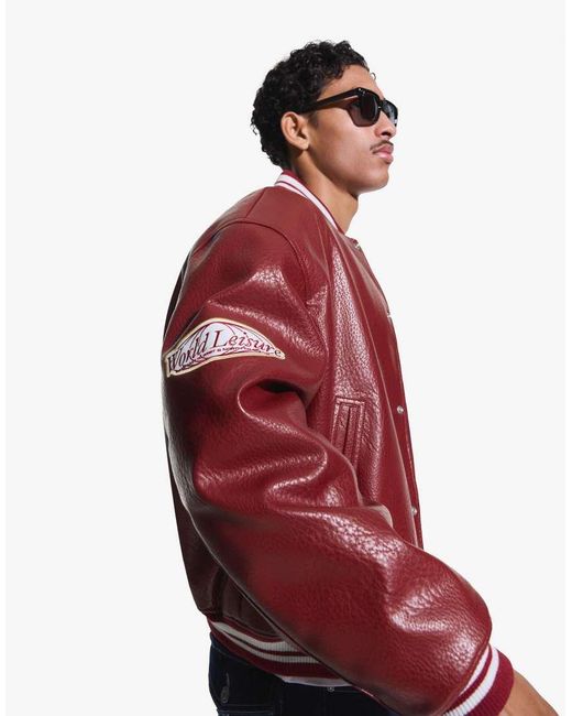 Bershka Red Printed Leather Effect Jacket for men