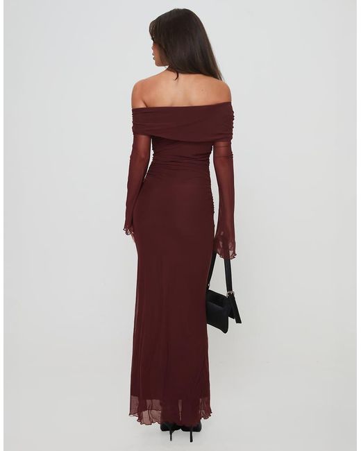 Princess Polly Purple Consideration Mesh Bardot Flare Sleeve Lettuce Edge Maxi Dress