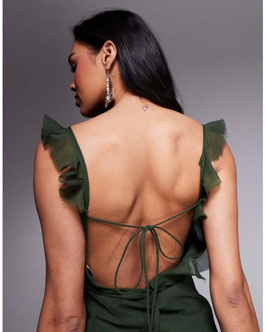 ASOS Green Raw Edge Frill Mini Dress With Tie Back