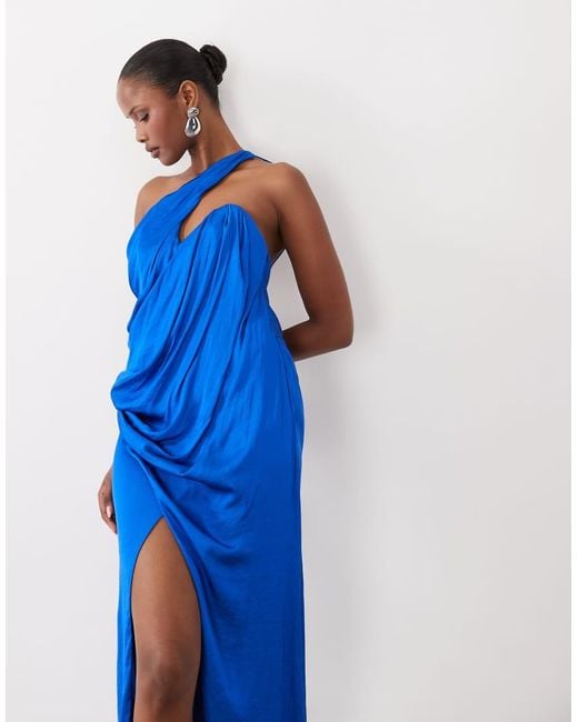 ASOS Blue Draped One Shoulder Satin Maxi Dress