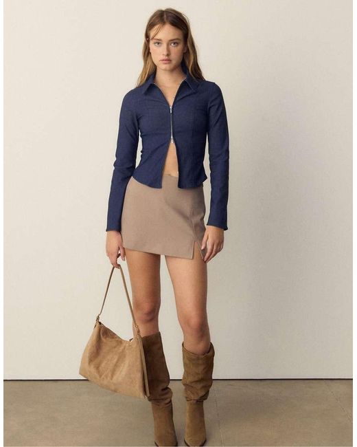 Stradivarius Blue Fitted Double Zip Bengaline Denim Shirt