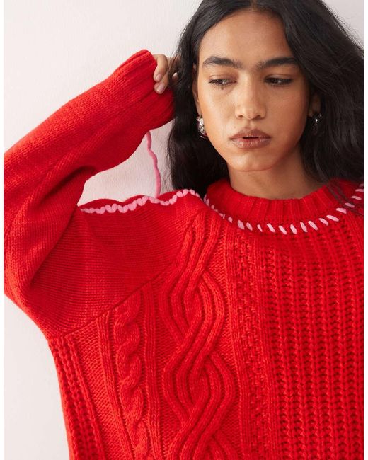 Collusion Red Heavy Cable Knitted Jumper