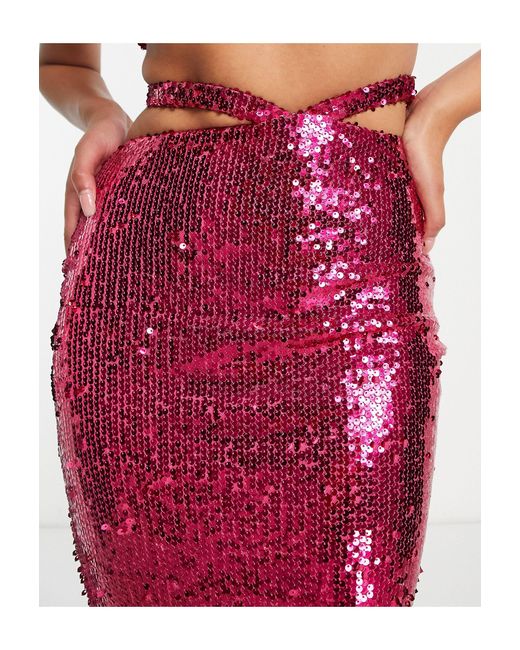 SIMMI Red Simmi Tall Sequin Cut Out Waist Maxi Skirt