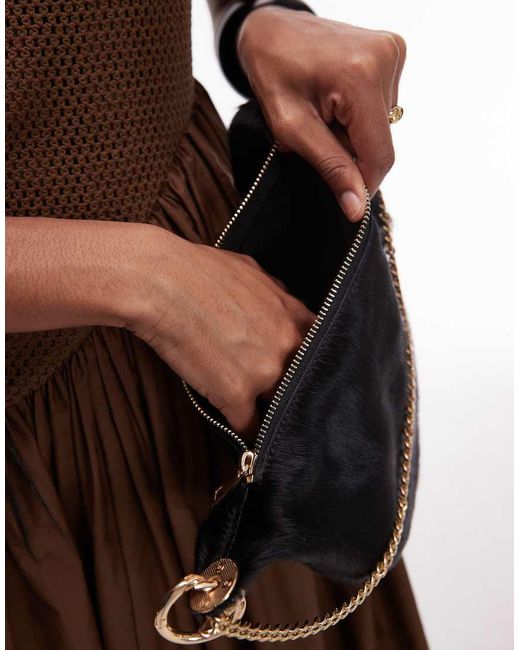 ASOS Black Hair On Real Leather Pouch Clutch With Gold Hardware