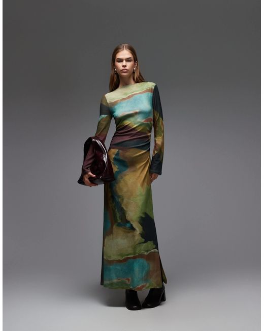 TOPSHOP Gray Abstract Print Long Sleeve Maxi Dress